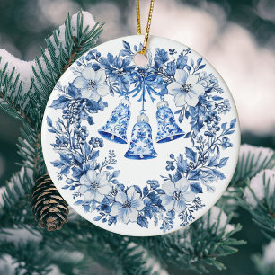 Personalized Chinoiserie Blue White Wreath Bells Ceramic Ornament