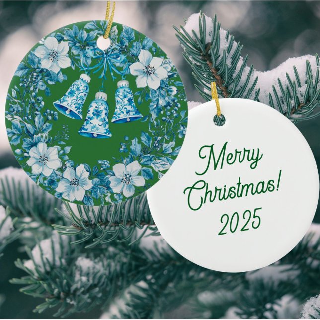 Personalized Chinoiserie Blue White Wreath Bells Ceramic Ornament (Personalize the back!)