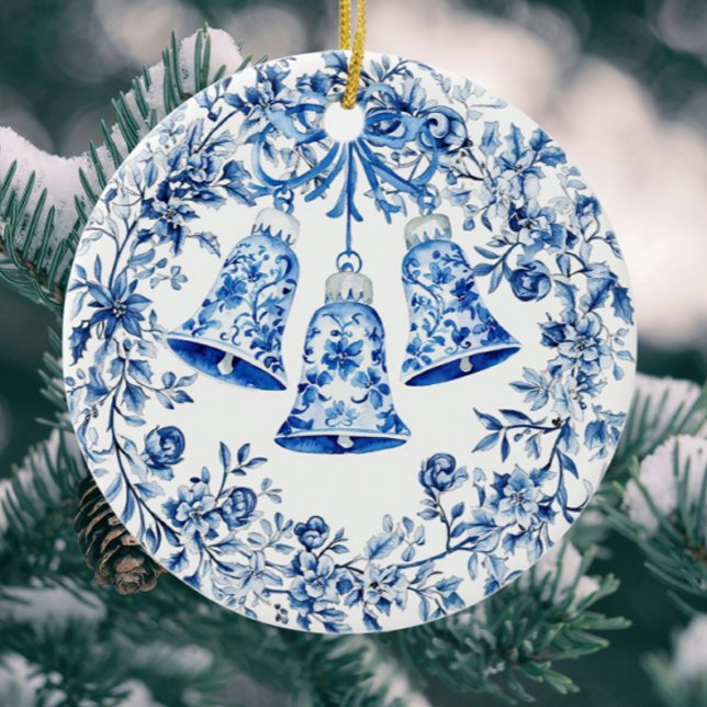 Personalized Chinoiserie Blue White Wreath Bells Ceramic Ornament (Personalize on the back!)