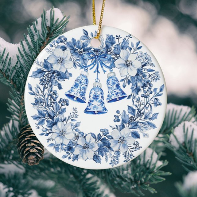 Personalized Chinoiserie Blue White Wreath Bells Ceramic Ornament (Personalize the back!)