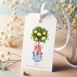 Personalized Chinoiserie Lemon Topiary Pink Bow Gift Tags