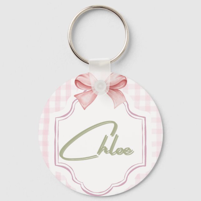 Personalized Chloe Baby Girl Nursery Bow&Gingham  Keychain (Front)