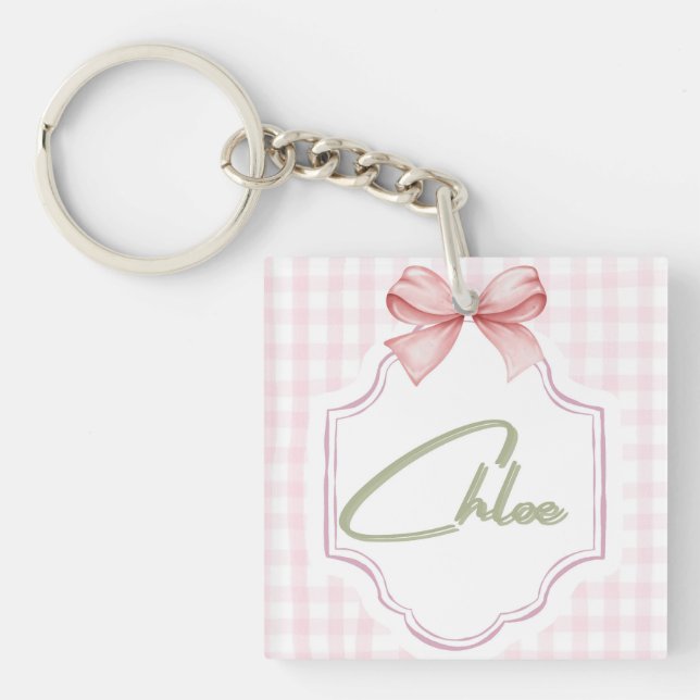 Personalized Chloe Baby Girl Nursery Bow&Gingham  Keychain (Front)