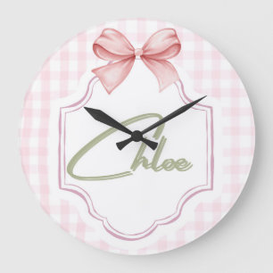 Personalized Chloe Baby Girl Nursery Bow&Gingham Large Clock