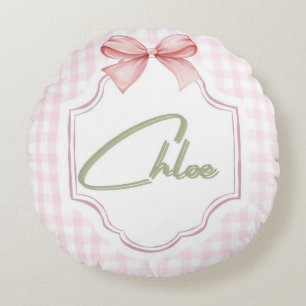 Personalized Chloe Baby Girl Nursery Bow&Gingham  Round Pillow