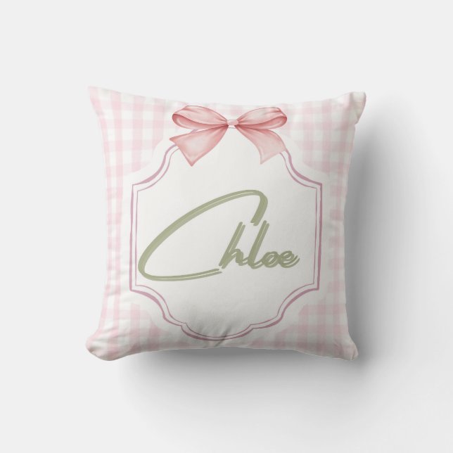 Personalized Chloe Baby Girl Nursery Bow&Gingham  Throw Pillow (Front)