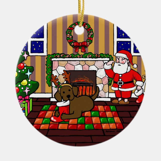 Personalized Chocolate Lab Christmas Cartoon Ceramic Ornament (Front)