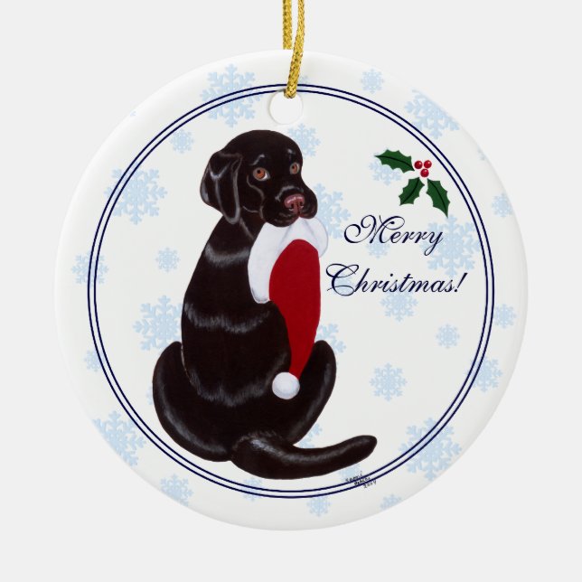 Personalized Chocolate Lab Christmas Santa Hat Ceramic Ornament (Front)