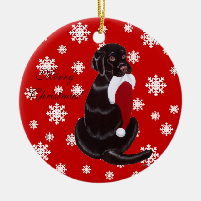 Personalized Chocolate Lab Christmas Santa Hat Ceramic Ornament (Front)