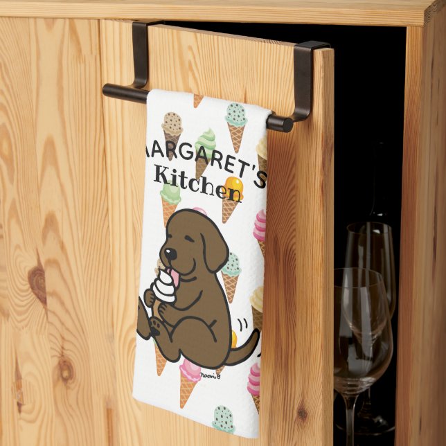 Personalized Chocolate Lab Licking Ice Cream Kitchen Towel (Thirds Fold)
