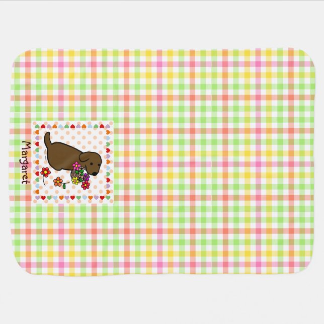 Personalized Chocolate Lab Puppy Flower Basket Baby Blanket (Horizontal)