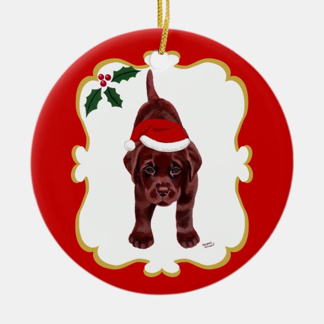 Personalized Chocolate Lab Puppy with Santa Hat 2 Ceramic Ornament (Front)