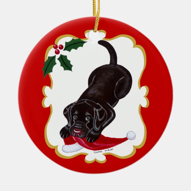 Personalized Chocolate Lab Puppy with Santa Hat Ceramic Ornament (Front)
