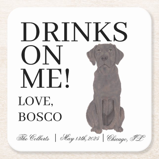 Personalized Chocolate Labrador Dog Wedding Square Paper Coaster (Front)