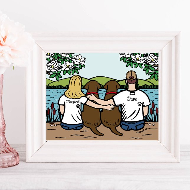 Personalized Chocolate Labrador Family Blonde Long Poster (Personalized Family Portrait for Chocolate Labrador Owners.  Two Chocolate Labs and their Parents.)