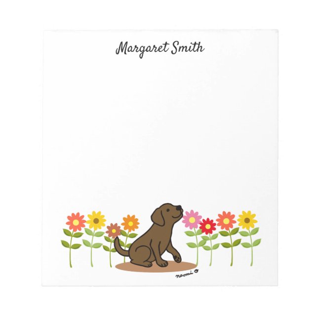 Personalized Chocolate Labrador Green and Flowers Notepad (Front)