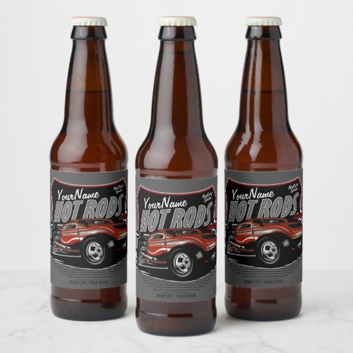 Personalized Chopped Red Hot Rod Coupe Speed Shop  Beer Bottle Label