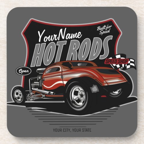Personalized Chopped Red Hot Rod Coupe Speed Shop  Beverage Coaster