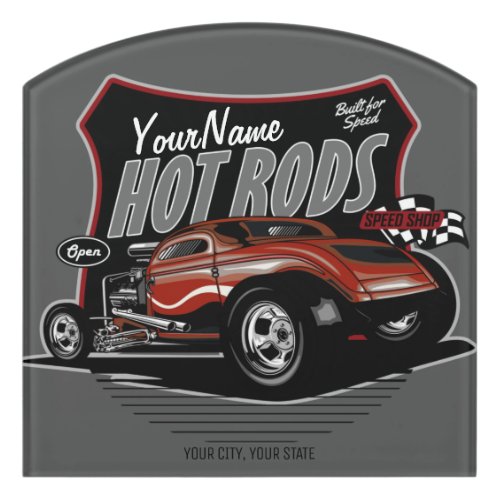 Personalized Chopped Red Hot Rod Coupe Speed Shop Door Sign
