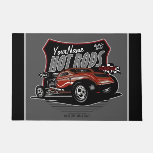 Personalized Chopped Red Hot Rod Coupe Speed Shop  Doormat
