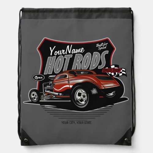 Personalized Chopped Red Hot Rod Coupe Speed Shop  Drawstring Bag