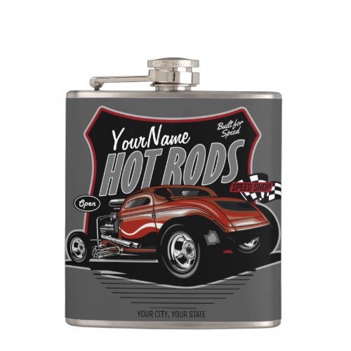 Personalized Chopped Red Hot Rod Coupe Speed Shop  Flask