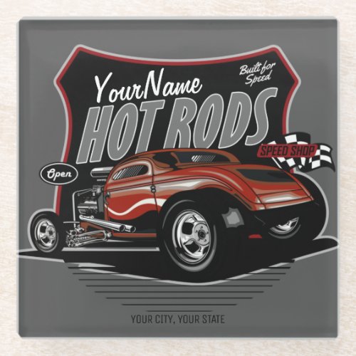 Personalized Chopped Red Hot Rod Coupe Speed Shop  Glass Coaster