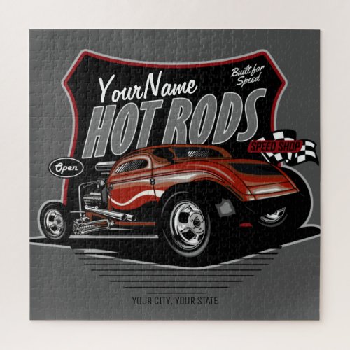 Personalized Chopped Red Hot Rod Coupe Speed Shop Jigsaw Puzzle