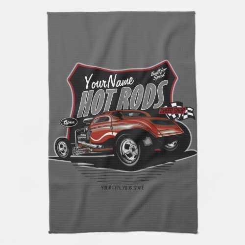Personalized Chopped Red Hot Rod Coupe Speed Shop  Kitchen Towel