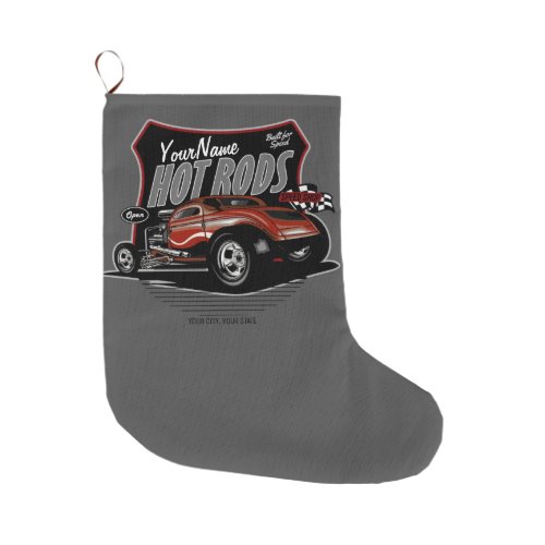 Personalized Chopped Red Hot Rod Coupe Speed Shop Large Christmas Stocking
