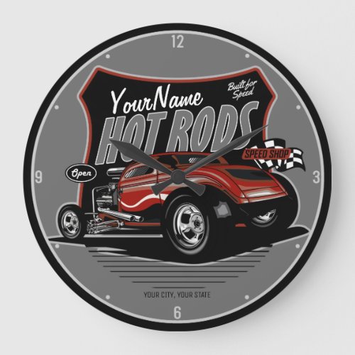 Personalized Chopped Red Hot Rod Coupe Speed Shop Large Clock