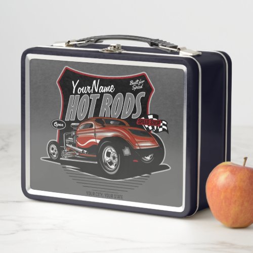 Personalized Chopped Red Hot Rod Coupe Speed Shop Metal Lunch Box