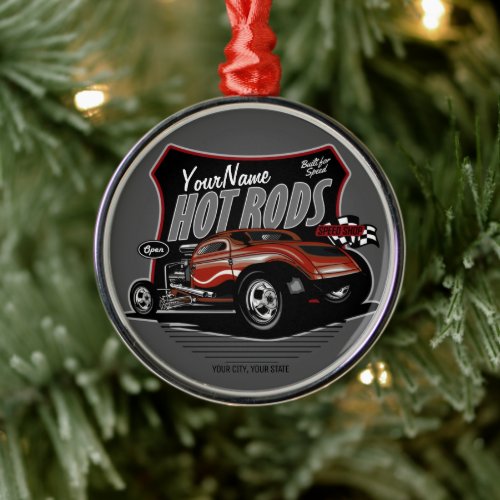 Personalized Chopped Red Hot Rod Coupe Speed Shop Metal Ornament
