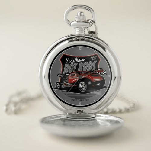 Personalized Chopped Red Hot Rod Coupe Speed Shop Pocket Watch