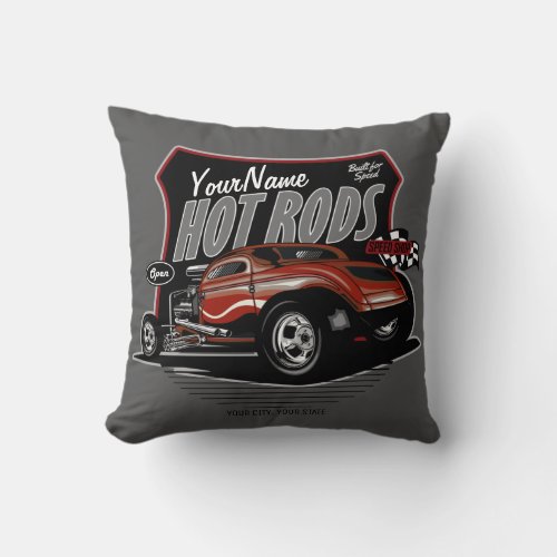 Personalized Chopped Red Hot Rod Coupe Speed Shop Throw Pillow
