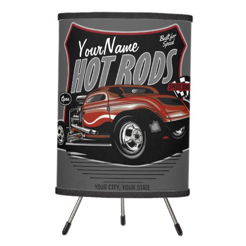 Personalized Chopped Red Hot Rod Coupe Speed Shop  Tripod Lamp