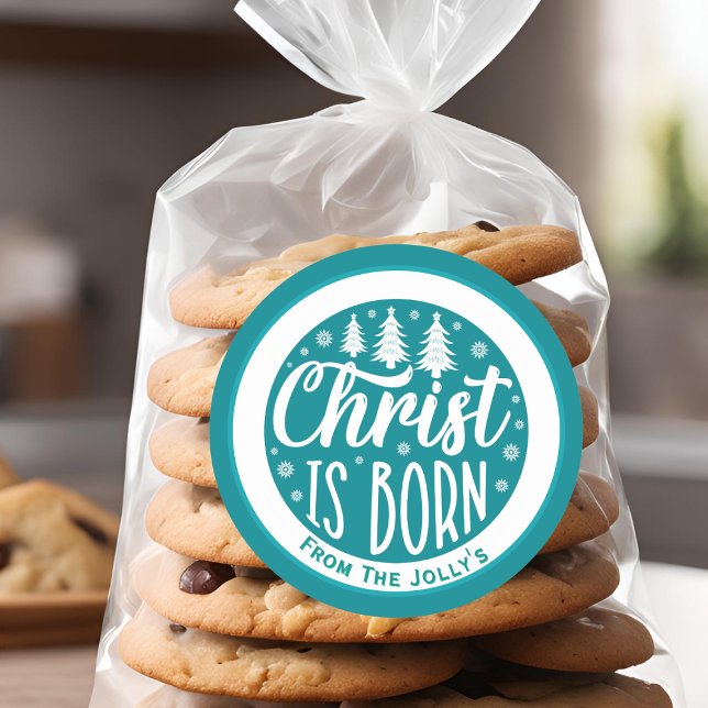 Personalized Christ Is Born Christmas Blue Classic Round Sticker (Creator Uploaded)