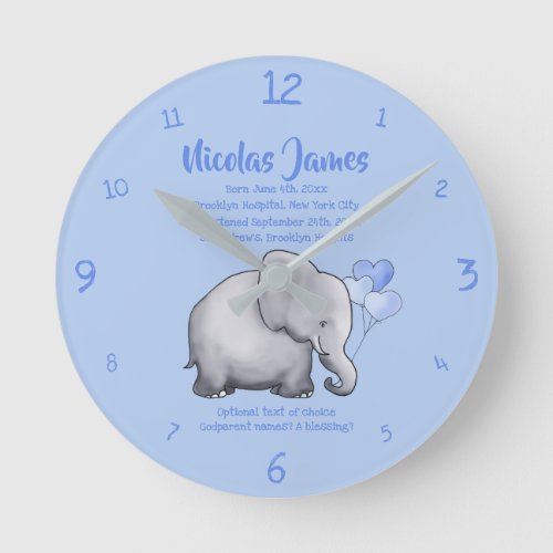 Personalized Christening Date Baby Blue Elephant Round Clock