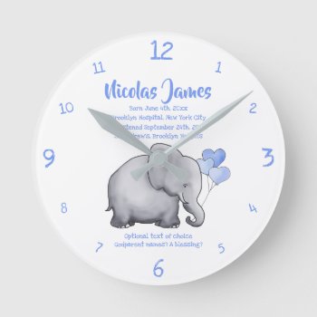 Personalized Christening Date Baby Blue Elephant Round Clock by EleSil at Zazzle