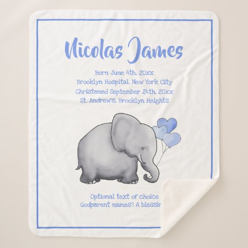 Personalized Christening Date Baby Blue Elephant Sherpa Blanket