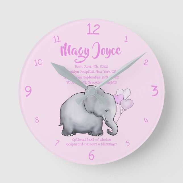 Personalized Christening Date Baby Pink Elephant Round Clock (Front)