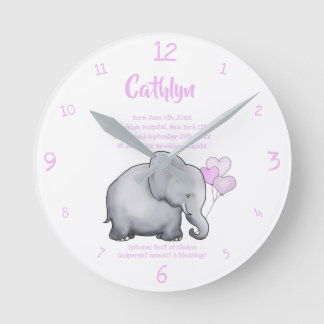 Personalized Christening Date Baby Pink Elephant Round Clock
