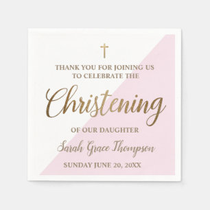 Personalized Christening Modern gold pink white Napkins