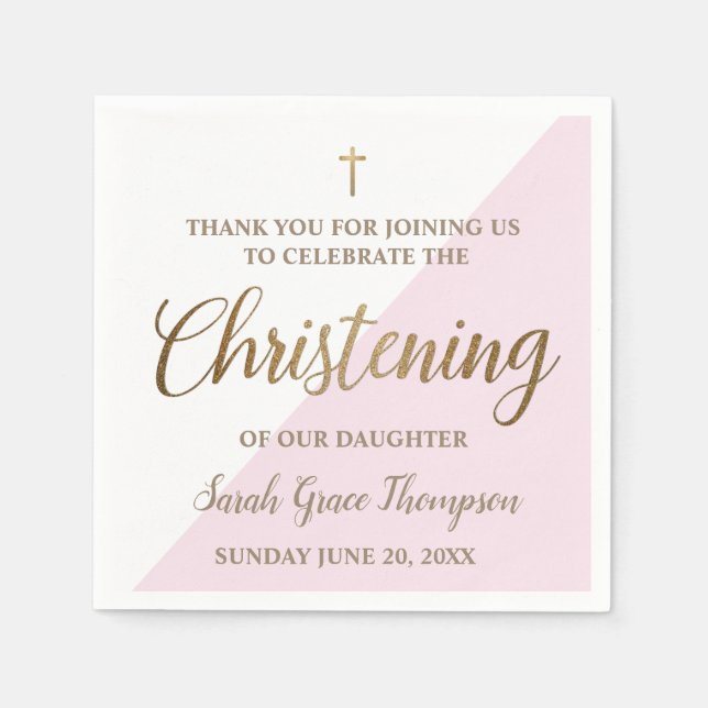 Personalized Christening Modern gold pink white Napkins (Front)