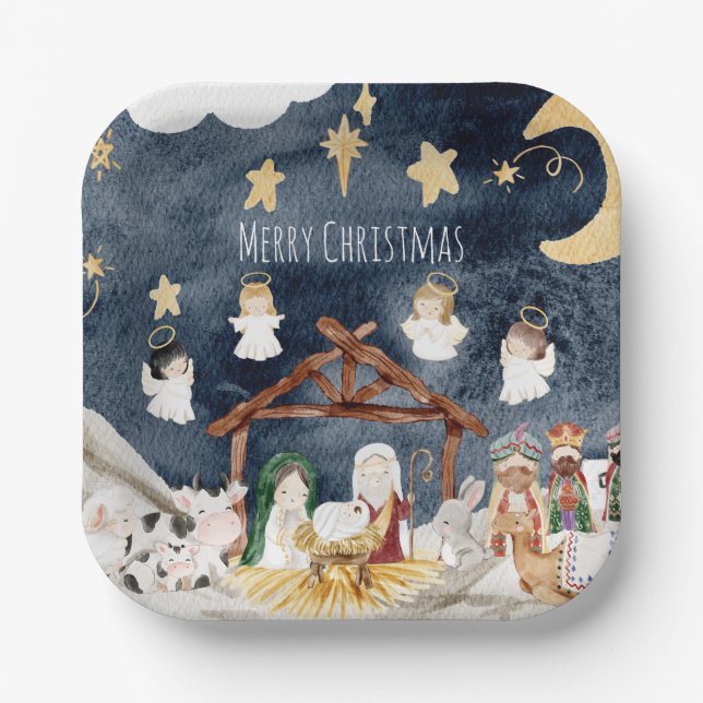 Personalized Christian Christmas Kids Nativity Paper Plates (Front)