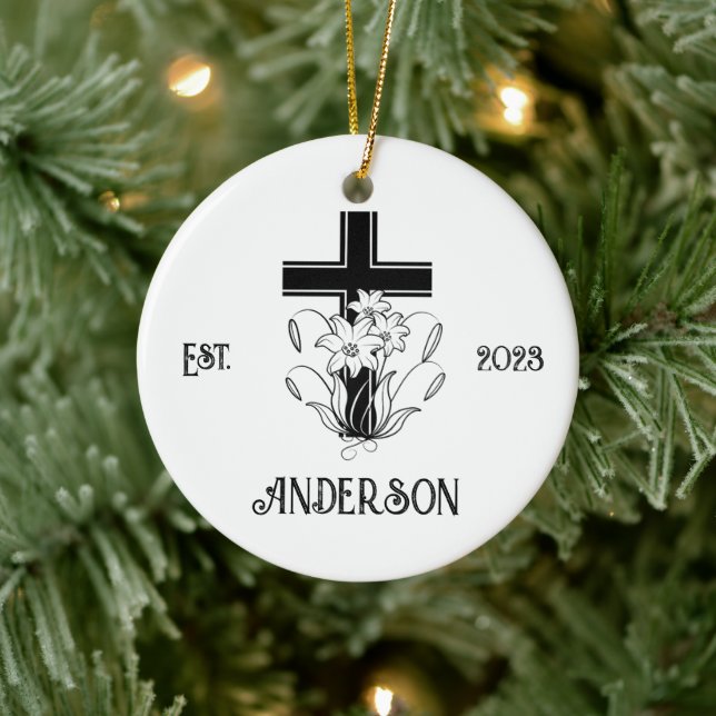 Personalized Christian Cross Christmas Holiday Ceramic Ornament (Tree)
