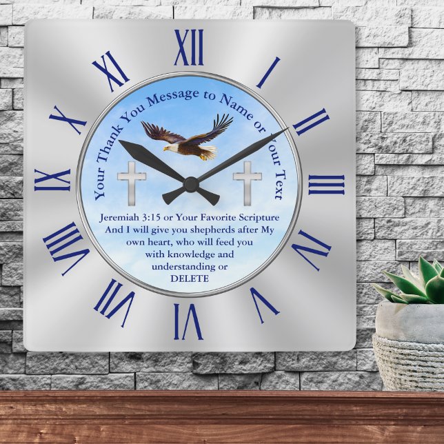 Personalized Christian Gifts for Pastors Christian Square Wall Clock (Appreciation gifts for church leaders. Scripture, Christian wall clock. Gifts for pastors. Eagle.)