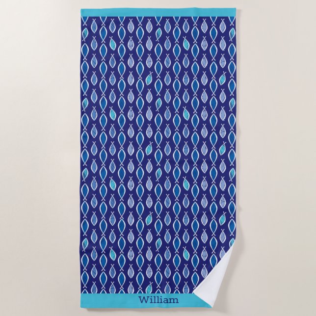 Personalized Christian Ichthys Jesus Fish Navy Beach Towel (Front)