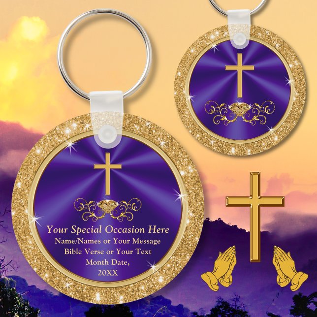 Personalized, Christian Party Favors, Any Occasion Keychain (Church Anniversary Favors. Purple and Gold, Christian Keychains. Gifts for church members. Scripture)