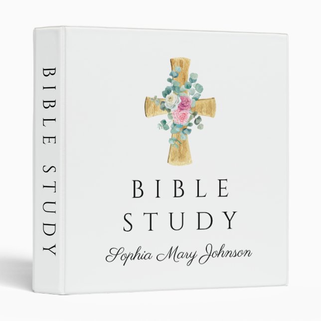 Personalized Christian Religious Floral Cross 3 Ring Binder (Front/Spine)